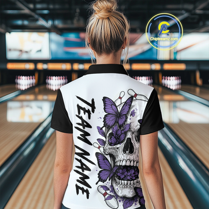 Purple Butterfly Skull Bowling Women Bowling Shirt Polo & Quarter-Zip Bowling Team Jerseys HNT80
