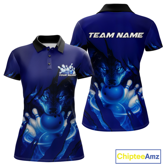 Blue Bowling Shirts for Team Women Men Custom Wolf Bowling Jerseys for Couples MBL202