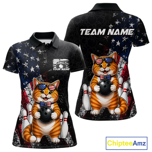 Women polo shirt with a cat american flag bowling design and 'Team Name' text on a white background