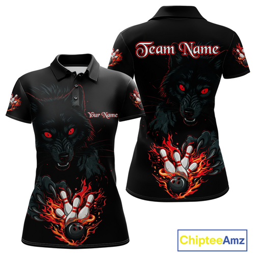 Custom Flame Wolf  Bowling Jersey for Women Bowling Uniform Polo & 1/4 Zip Bowling Team Shirts HNT144