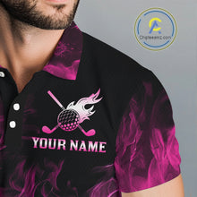 Load image into Gallery viewer, Black and Pink Flame Golf Ball Mens Golf polo shirts custom name golf outfit for men golf clothes NQS9869