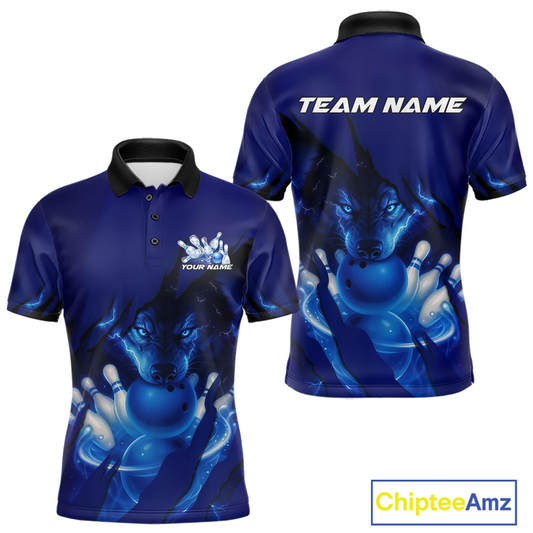 Blue Bowling Shirts for Team Women Men Custom Wolf Bowling Jerseys for Couples MBL202