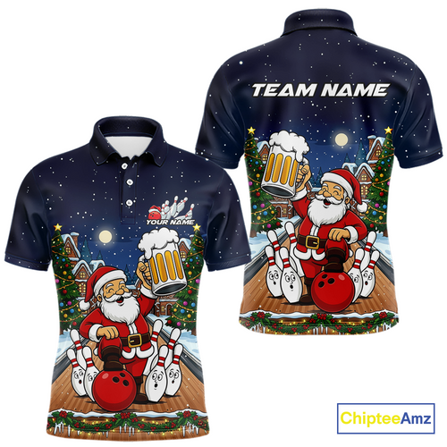 Custom Funny Beer Santa Christmas Bowling Jersey for Men Bowling Team Shirts Polo & 1/4 Zip HNT140
