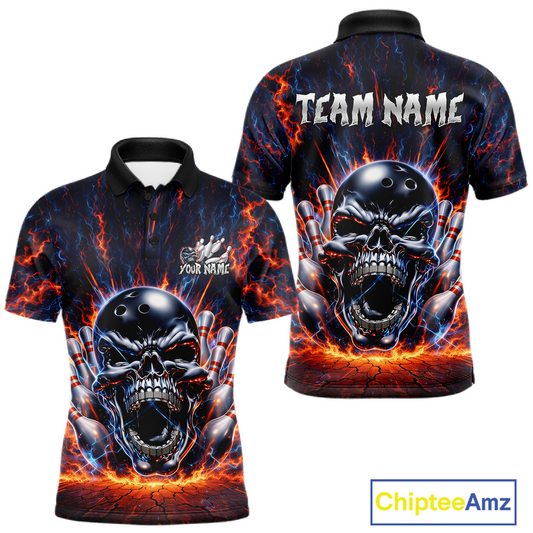 Custom Skull Bowling Jersey for Men - Flaming Strike Personalize Bowling Team Shirt Polo & 1/4 Zip HNT215