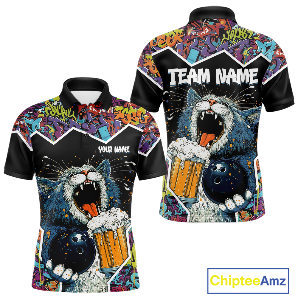 Custom Funny Cat Beer Bowling Jersey for Men Polo & 1/4 Zip Bowling Team Shirts HNT146