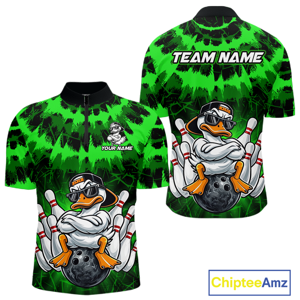 Custom Green Funny Duck Bowling Jersey for Men Bowling Uniform Polo & 1/4 Zip Bowling Team Shirts HNT238