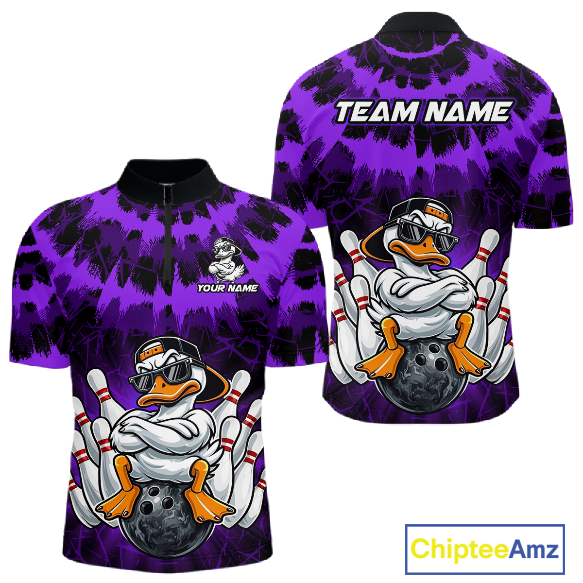 Custom Purple Funny Duck Bowling Jersey for Men Bowling Uniform Polo & 1/4 Zip Bowling Team Shirts HNT238