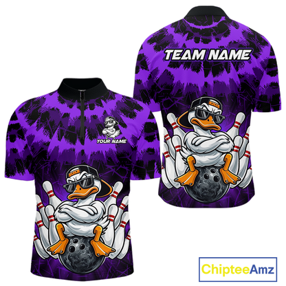 Custom Purple Funny Duck Bowling Jersey for Men Bowling Uniform Polo & 1/4 Zip Bowling Team Shirts HNT238