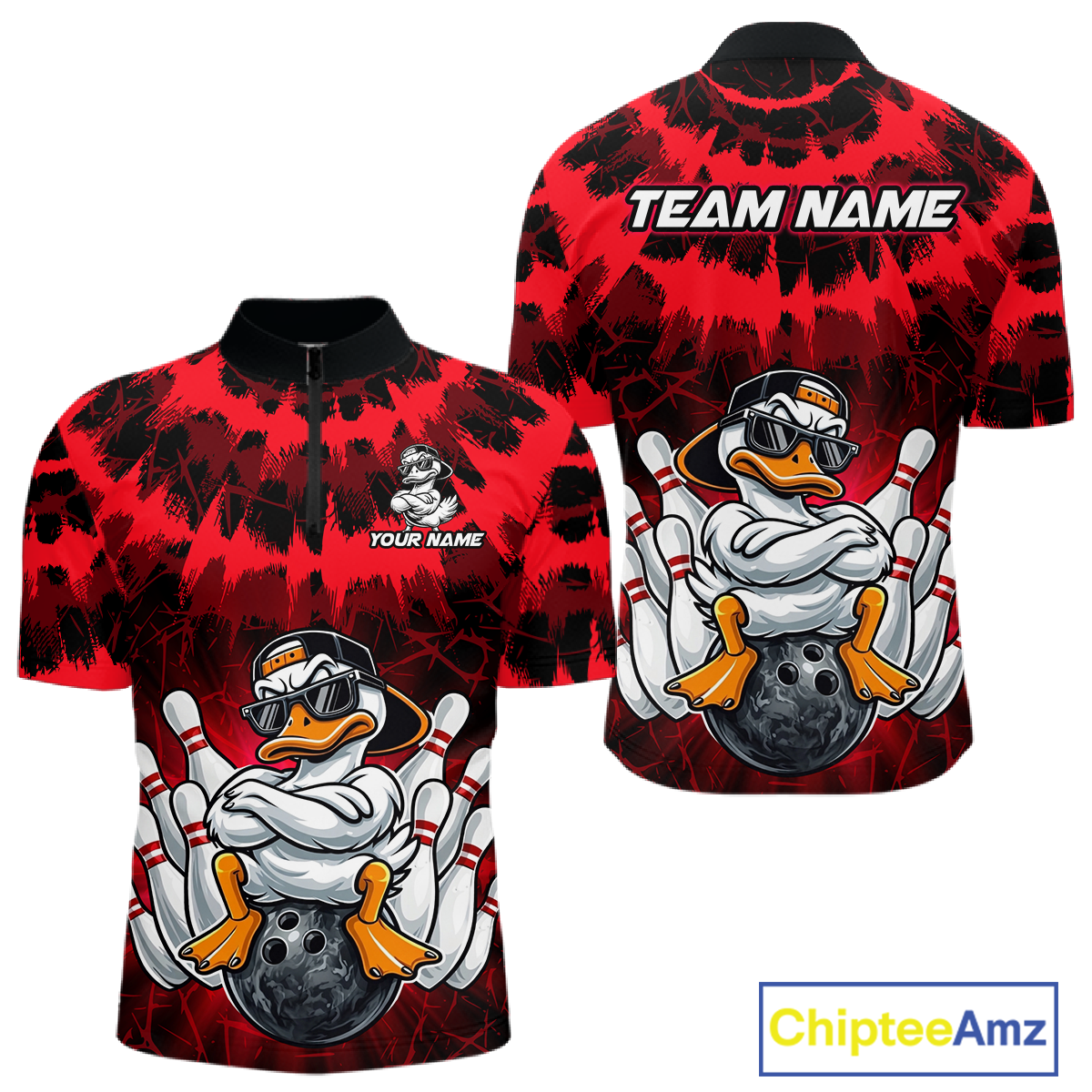 Custom Red Funny Duck Bowling Jersey for Men Bowling Uniform Polo & 1/4 Zip Bowling Team Shirts HNT238