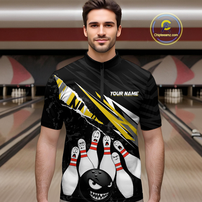 Custom Yellow Funny Bowling Jersey for Men Bowling Uniform Polo & 1/4 Zip Bowling Team Shirts HNT128