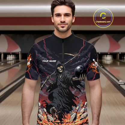 Custom Grim Reaper Flame Bowling Jersey for Men Bowling Team Shirts Polo & 1/4 Zip HNT193