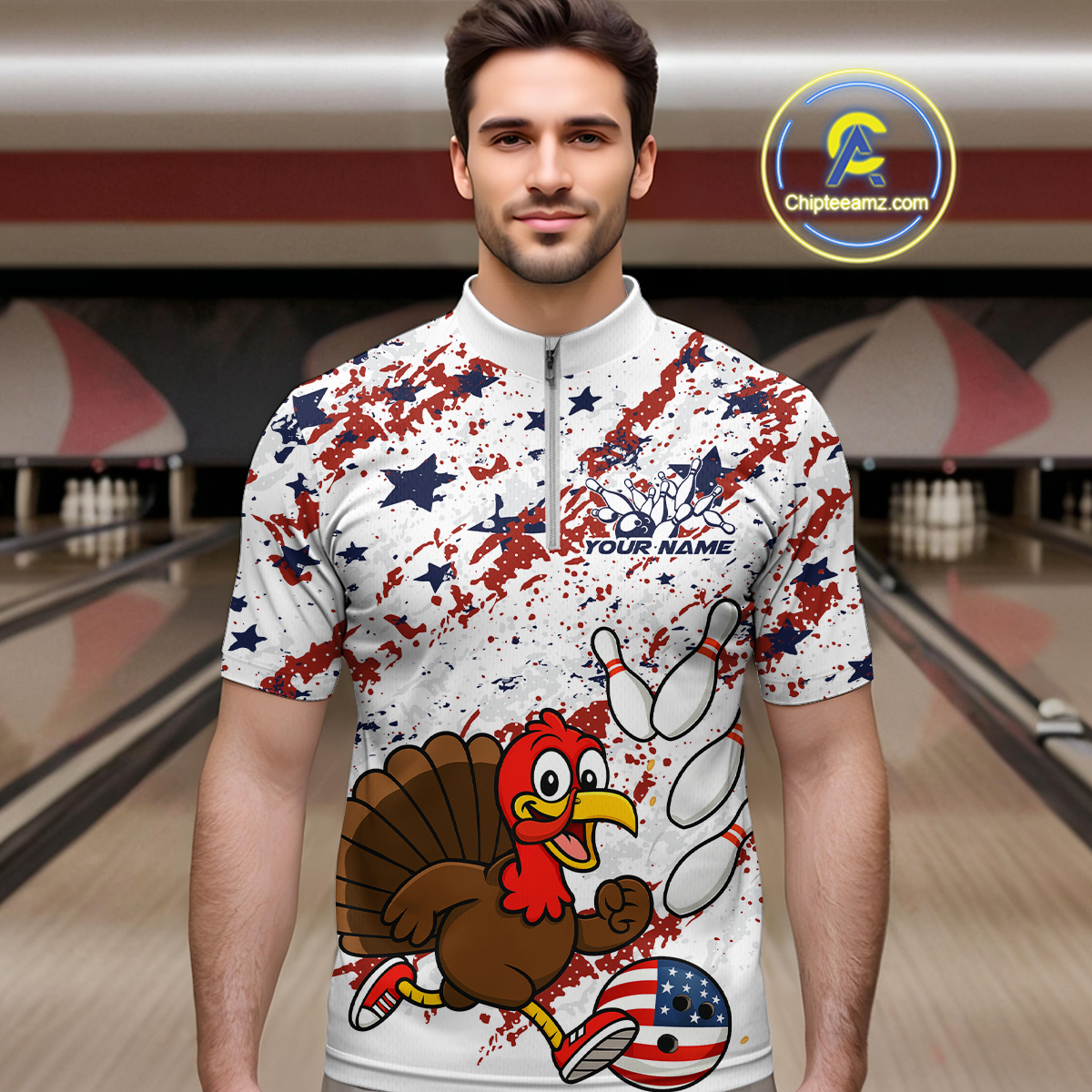 American Funny Turkey Bowling Team Shirt for Men Custom Bowling Jersey Polo Thanksgiving Bowling Outfit QZT775