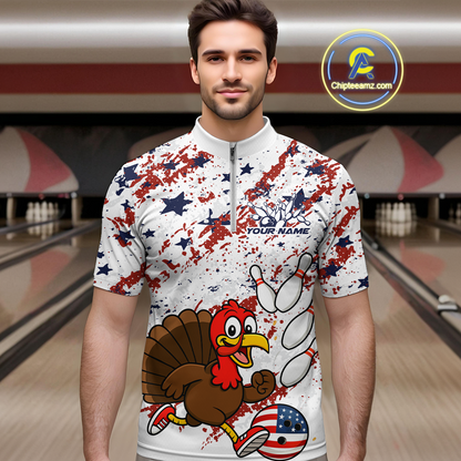 American Funny Turkey Bowling Team Shirt for Men Custom Bowling Jersey Polo Thanksgiving Bowling Outfit QZT775