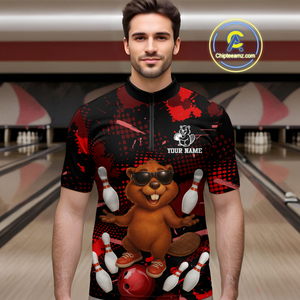 Custom Red Funny Beaver Bowling Team Shirt Men Bowling League Jersey Polo Bowling Outfit QZT764