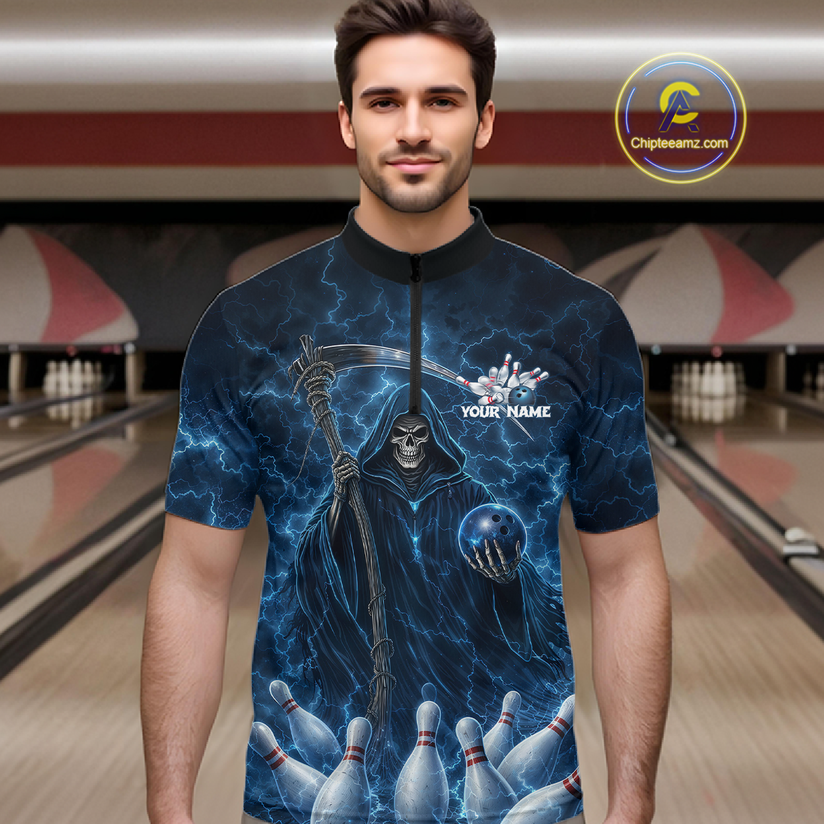 Blue Thunder Lightning Bowling Shirt for Men Bowling League Jersey Polo & Quarter-Zip Bowling Outfit QZT932