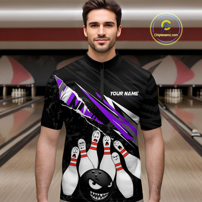 Custom Purple Funny Bowling Jersey for Men Bowling Uniform Polo & 1/4 Zip Bowling Team Shirts HNT128
