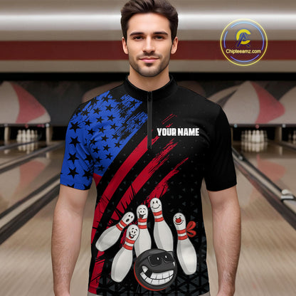 Custom Funny US Flag Bowling Jersey for Men Bowling Uniform Polo & 1/4 Zip Bowling Team Shirts HNT126