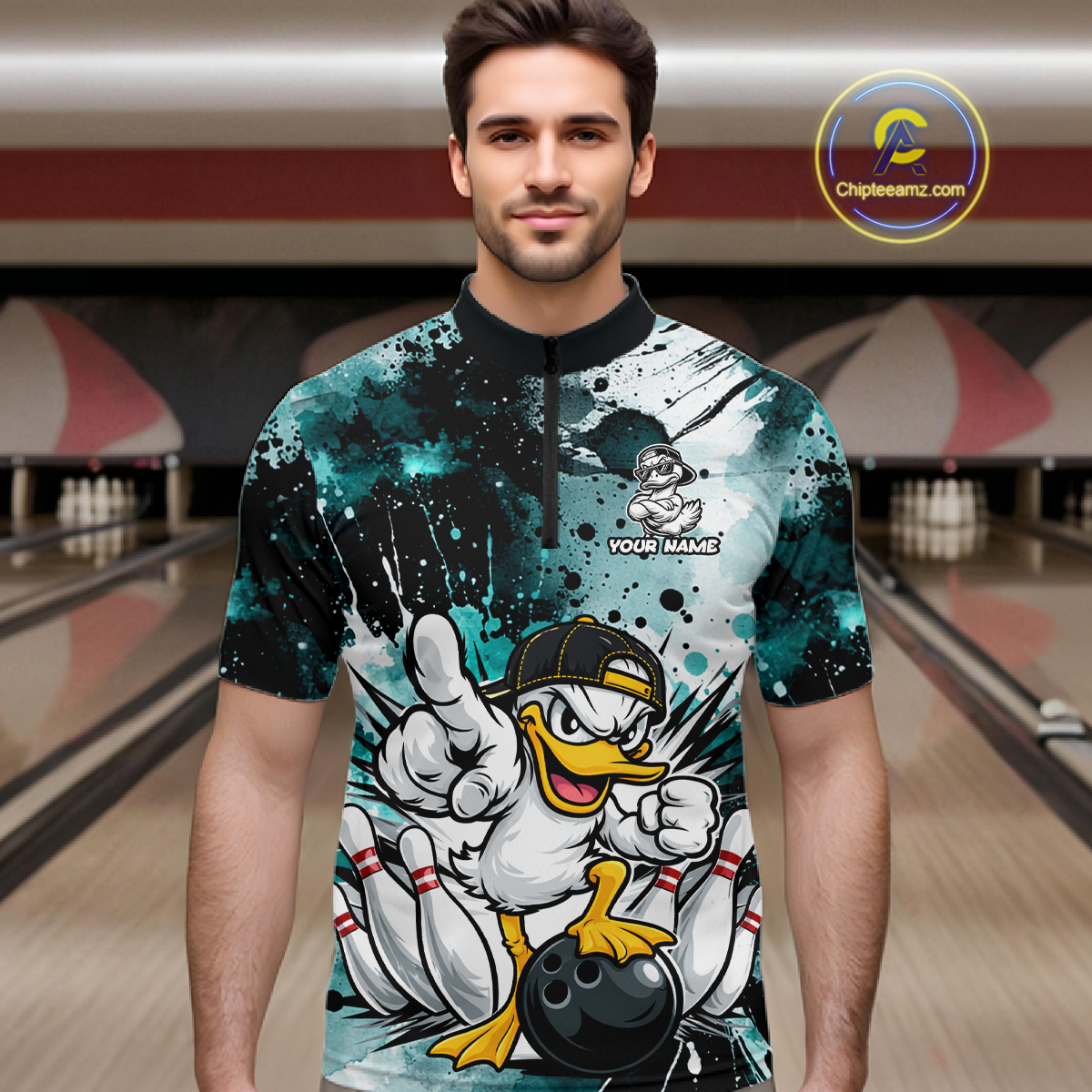 Custom Watercolor Teal Duck Bowling Jersey for Men Bowling Team Shirts Polo & 1/4 Zip HNT239