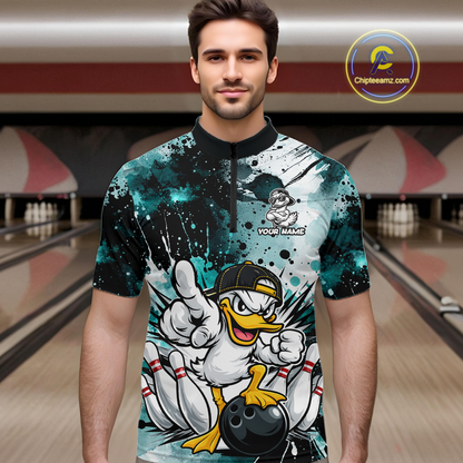 Custom Watercolor Teal Duck Bowling Jersey for Men Bowling Team Shirts Polo & 1/4 Zip HNT239