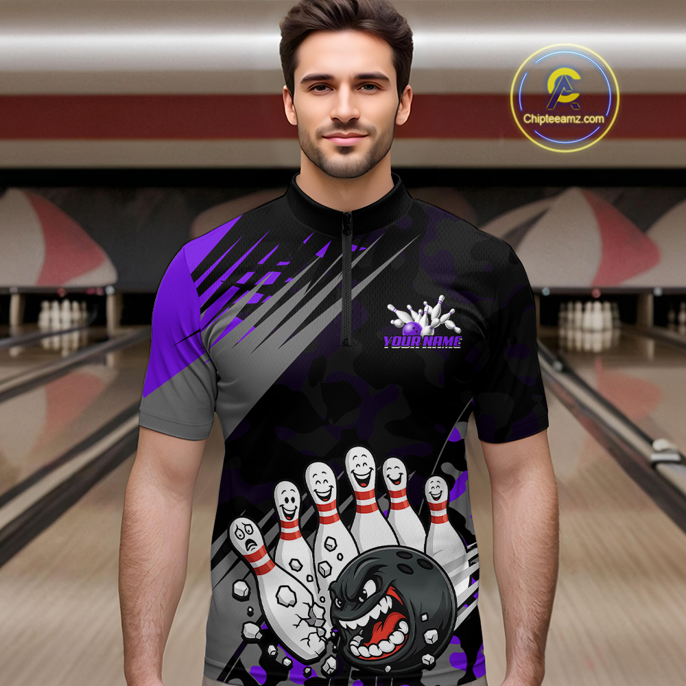 Custom Purple Funny Bowling Shirt Crazy Bowling Jersey Men Polo & 1/4 Zip Bowling Outfit QZT785