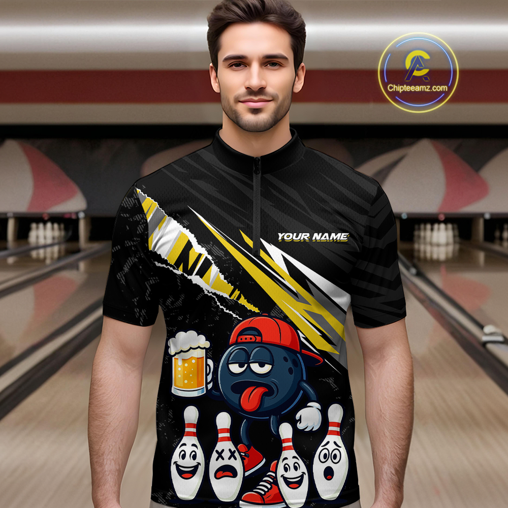 Custom Yellow Beer Bowling Jersey for Men Bowling Team Shirts Bowling Uniform Polo & 1/4 Zip HNT133