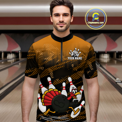 Custom Orange Funny Turkey Bowling Jersey for Men Thanksgiving Bowling Team Shirts Polo & 1/4 Zip HNT125