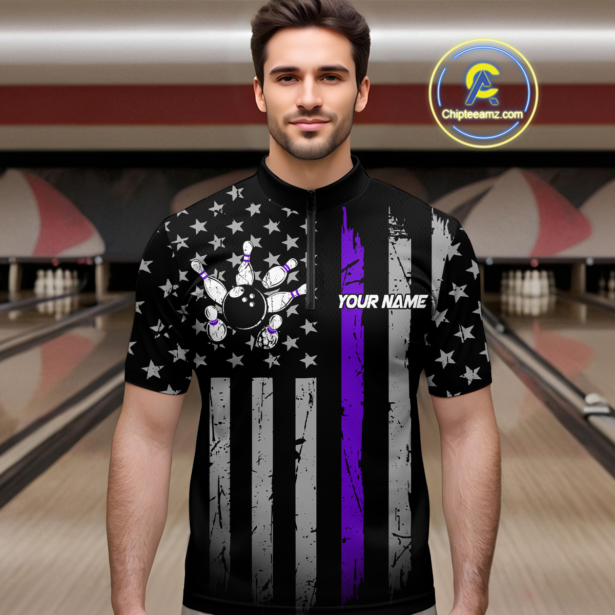 Custom Purple US Flag Eagle Bowling Jersey for Men Bowling Team Shirts Polo & 1/4 Zip HNT119