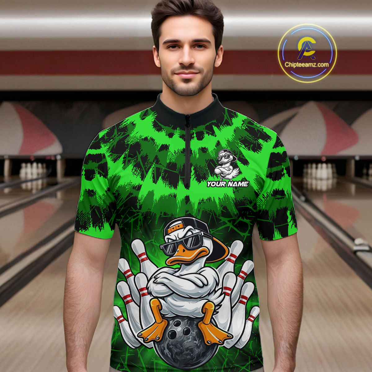 Custom Green Funny Duck Bowling Jersey for Men Bowling Uniform Polo & 1/4 Zip Bowling Team Shirts HNT238