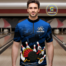 Load image into Gallery viewer, Custom Blue Funny Turkey Bowling Jersey for Men Thanksgiving Bowling Team Shirts Polo &amp; 1/4 Zip HNT125