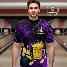 Load image into Gallery viewer, Custom Purple Funny Beer Bowling Shirt Team Bowling League Jersey for Men Bowling Outfit QZT767