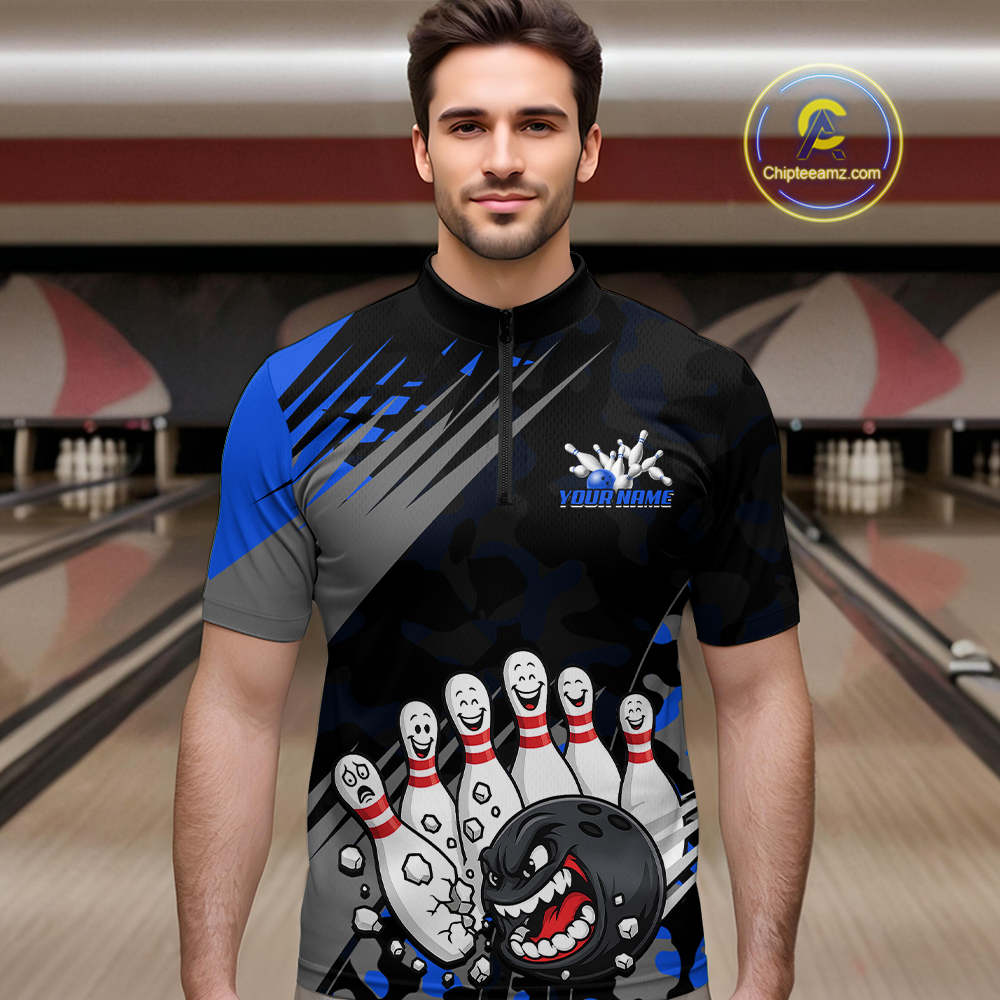 Custom Blue Funny Bowling Shirt Crazy Bowling Jersey Men Polo & 1/4 Zip Bowling Outfit QZT785