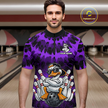 Custom Purple Funny Duck Bowling Jersey for Men Bowling Uniform Polo & 1/4 Zip Bowling Team Shirts HNT238