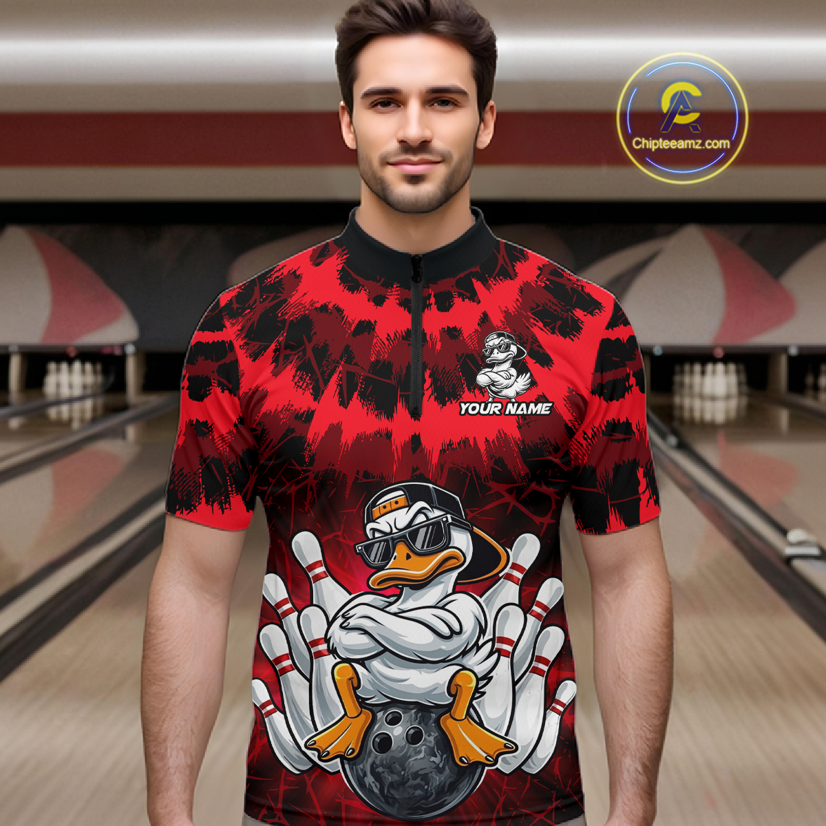 Custom Red Funny Duck Bowling Jersey for Men Bowling Uniform Polo & 1/4 Zip Bowling Team Shirts HNT238