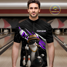 Load image into Gallery viewer, Custom Purple Funny Cat Bowling Jersey for Men Bowling Shirt Polo &amp; 1/4 Zip Bowling Team Shirts HNT136
