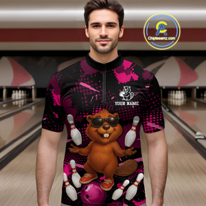Custom Pink Funny Beaver Bowling Team Shirt Men Bowling League Jersey Polo Bowling Outfit QZT764