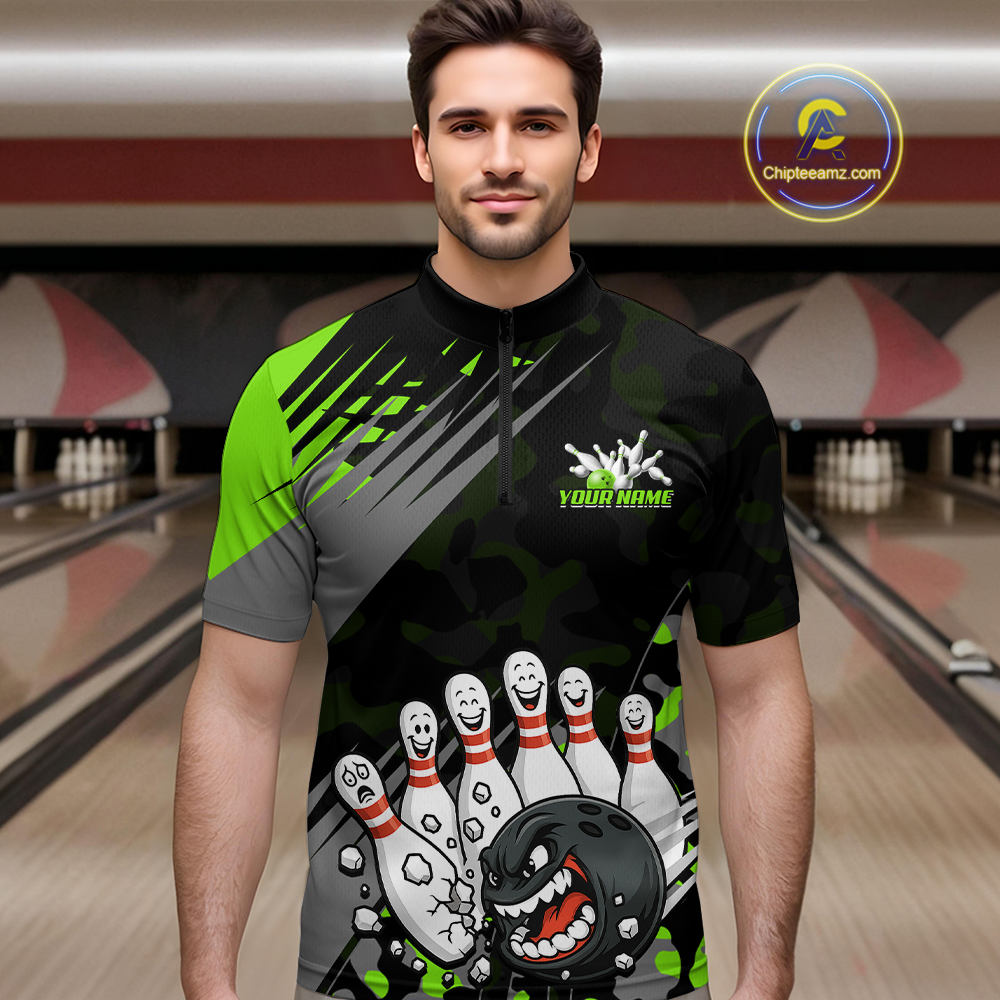Custom Green Funny Bowling Shirt Crazy Bowling Jersey Men Polo & 1/4 Zip Bowling Outfit QZT785