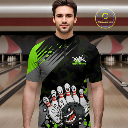 Custom Green Funny Bowling Shirt Crazy Bowling Jersey Men Polo & 1/4 Zip Bowling Outfit QZT785