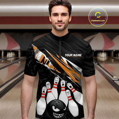Custom Orange Funny Bowling Jersey for Men Bowling Uniform Polo & 1/4 Zip Bowling Team Shirts HNT128