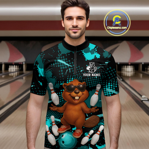 Custom Teal Funny Beaver Bowling Team Shirt Men Bowling League Jersey Polo Bowling Outfit QZT764