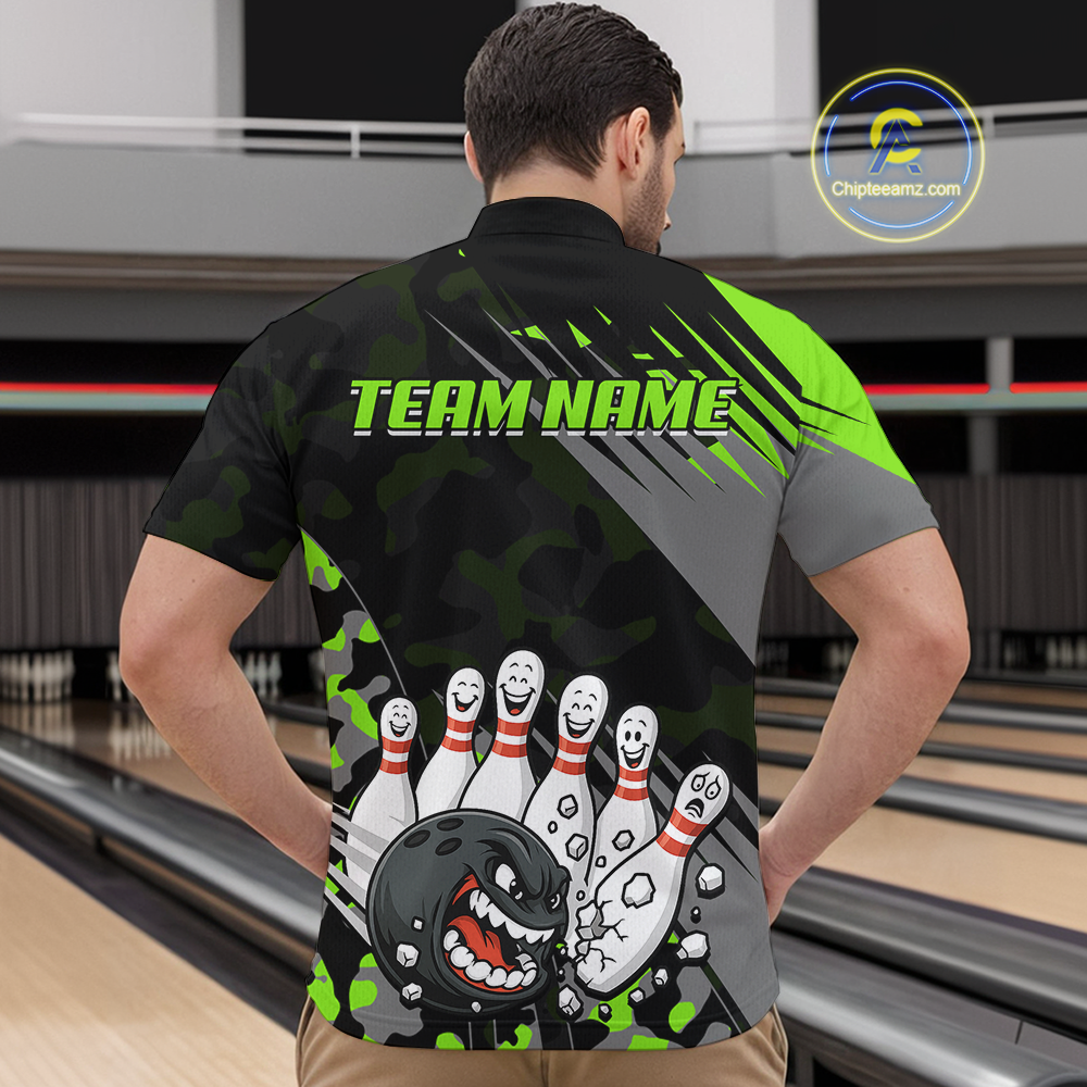 Custom Green Funny Bowling Shirt Crazy Bowling Jersey Men Polo & 1/4 Zip Bowling Outfit QZT785
