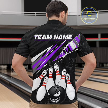 Custom Purple Funny Bowling Jersey for Men Bowling Uniform Polo & 1/4 Zip Bowling Team Shirts HNT128