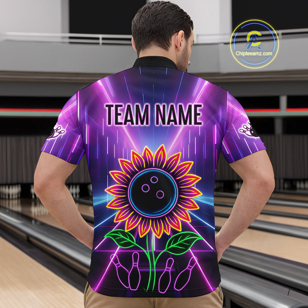 Custom Neon Lightning Sunflower Bowling Shirt Bowling Team Jersey for Men Bowling Polo & 1/4-Zip QZT770