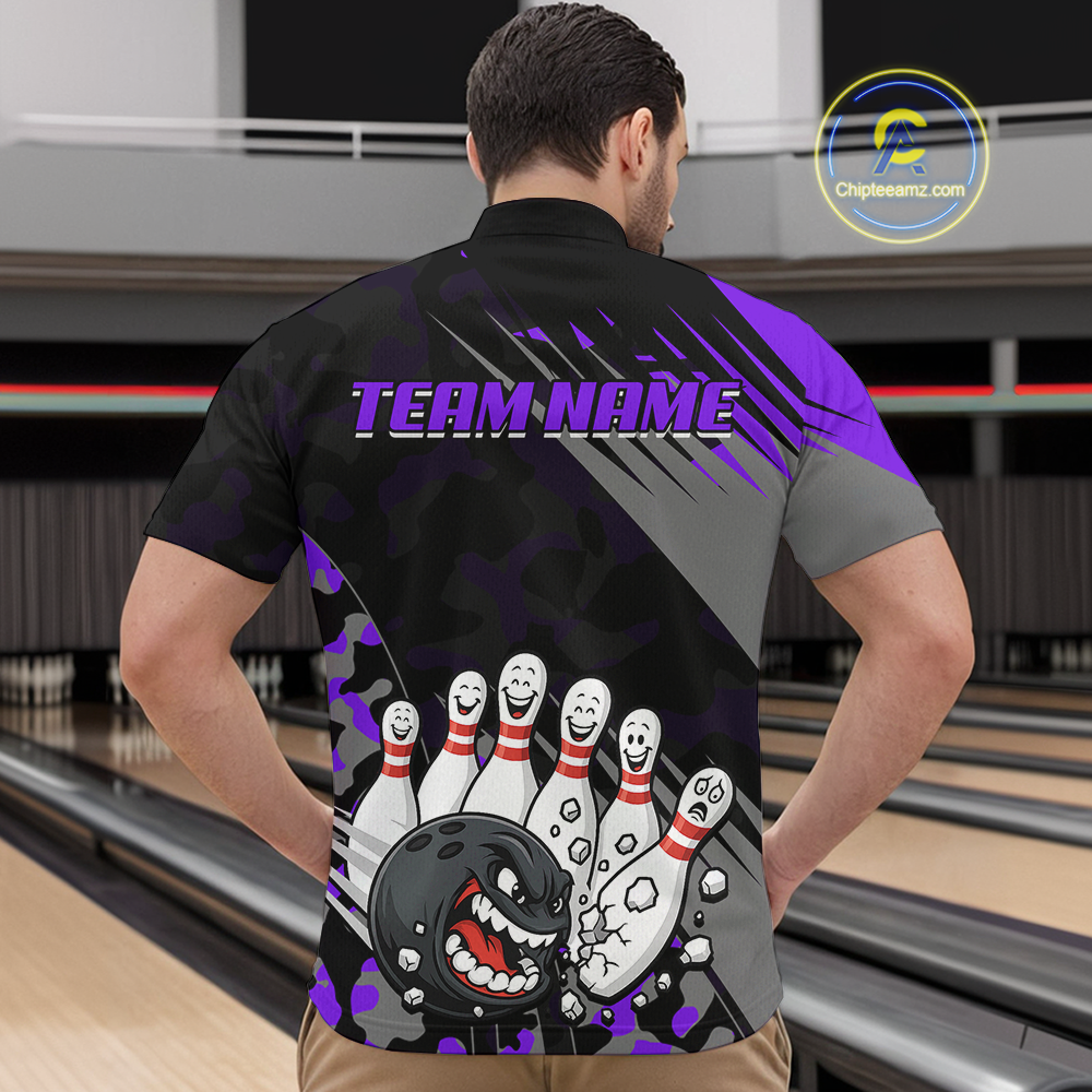 Custom Purple Funny Bowling Shirt Crazy Bowling Jersey Men Polo & 1/4 Zip Bowling Outfit QZT785