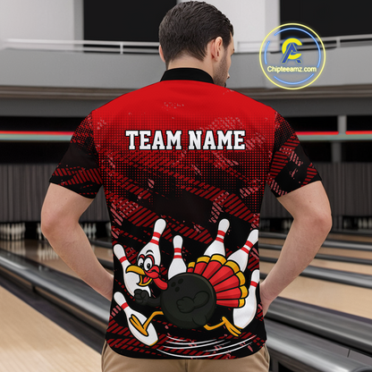 Custom Red Funny Turkey Bowling Jersey for Men Thanksgiving Bowling Team Shirts Polo & 1/4 Zip HNT125