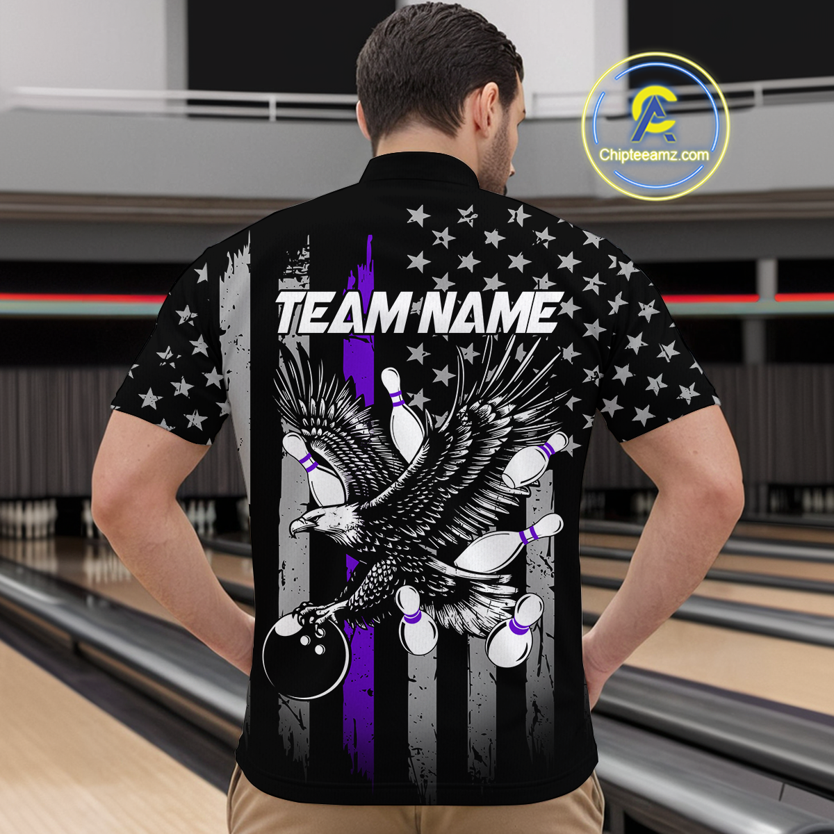 Custom Purple US Flag Eagle Bowling Jersey for Men Bowling Team Shirts Polo & 1/4 Zip HNT119