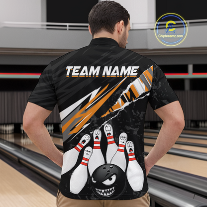 Custom Orange Funny Bowling Jersey for Men Bowling Uniform Polo & 1/4 Zip Bowling Team Shirts HNT128