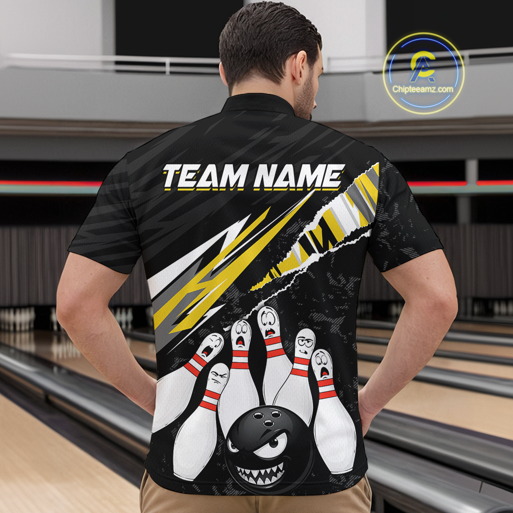 Custom Yellow Funny Bowling Jersey for Men Bowling Uniform Polo & 1/4 Zip Bowling Team Shirts HNT128