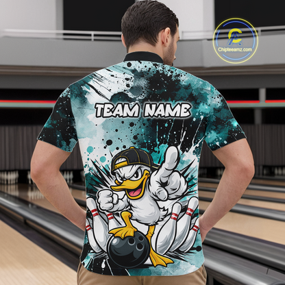 Custom Watercolor Teal Duck Bowling Jersey for Men Bowling Team Shirts Polo & 1/4 Zip HNT239