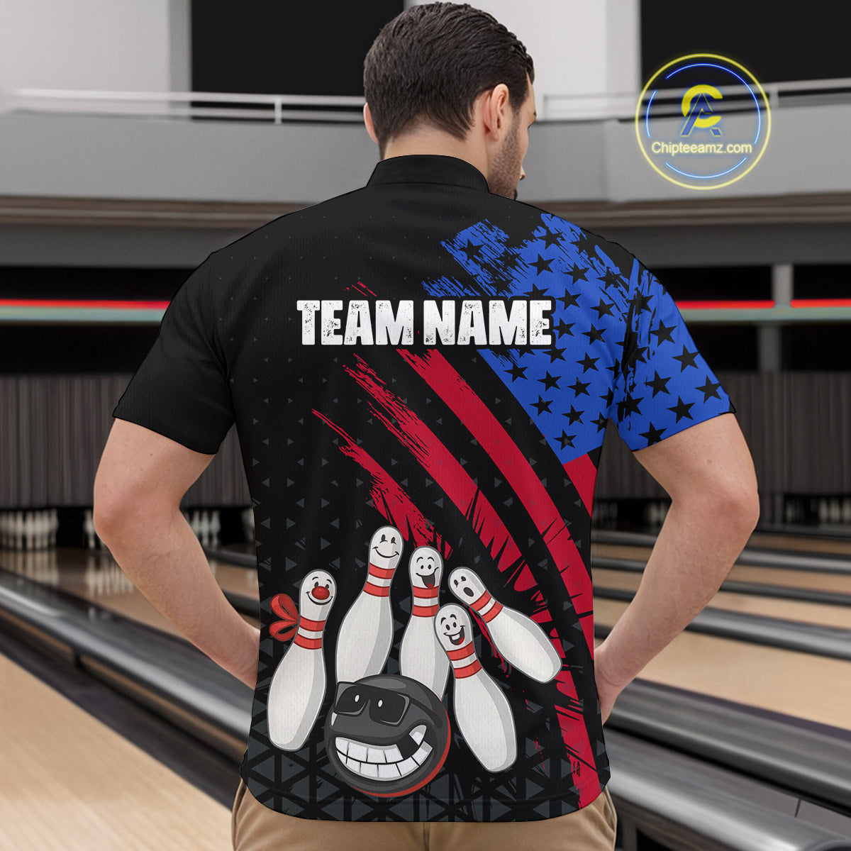 Custom Funny US Flag Bowling Jersey for Men Bowling Uniform Polo & 1/4 Zip Bowling Team Shirts HNT126