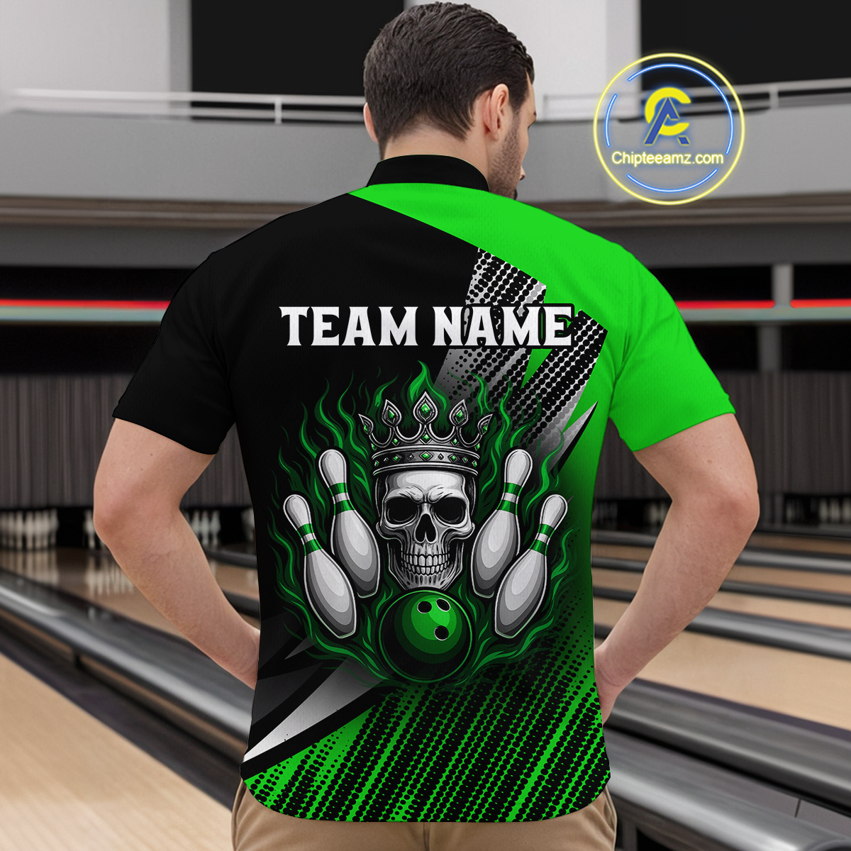 Green Skull Crown Bowling Custom Men Bowling Shirt Polo & Quarter-Zip Bowling Team Jerseys HNT65